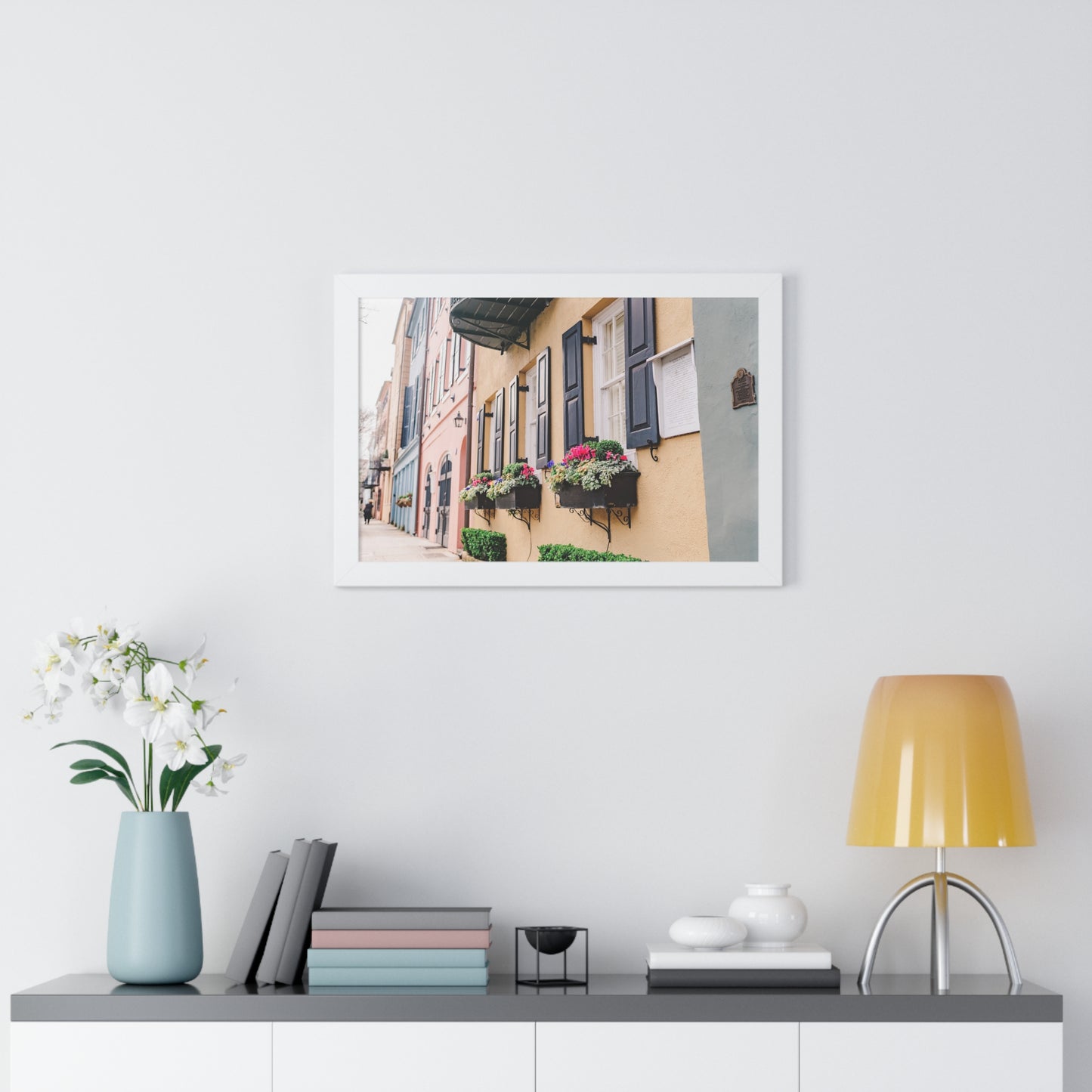 Charleston's Rainbow Row Featuring Yellow Lady - Framed Print