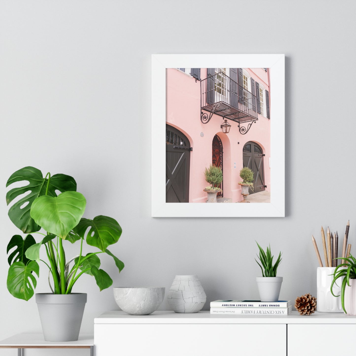 Charleston's Rainbow Row in Pink - Framed Print