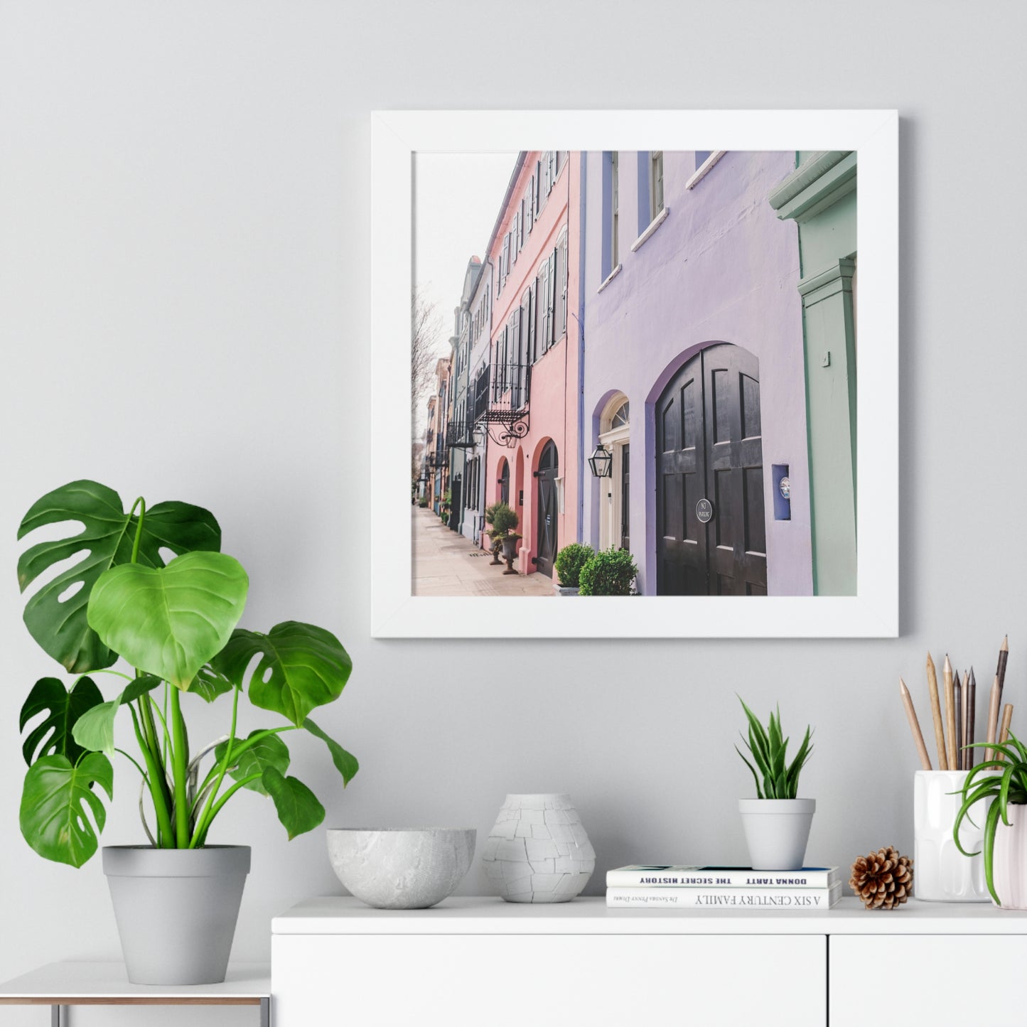 Charleston's Rainbow Row in Purple - Framed Print