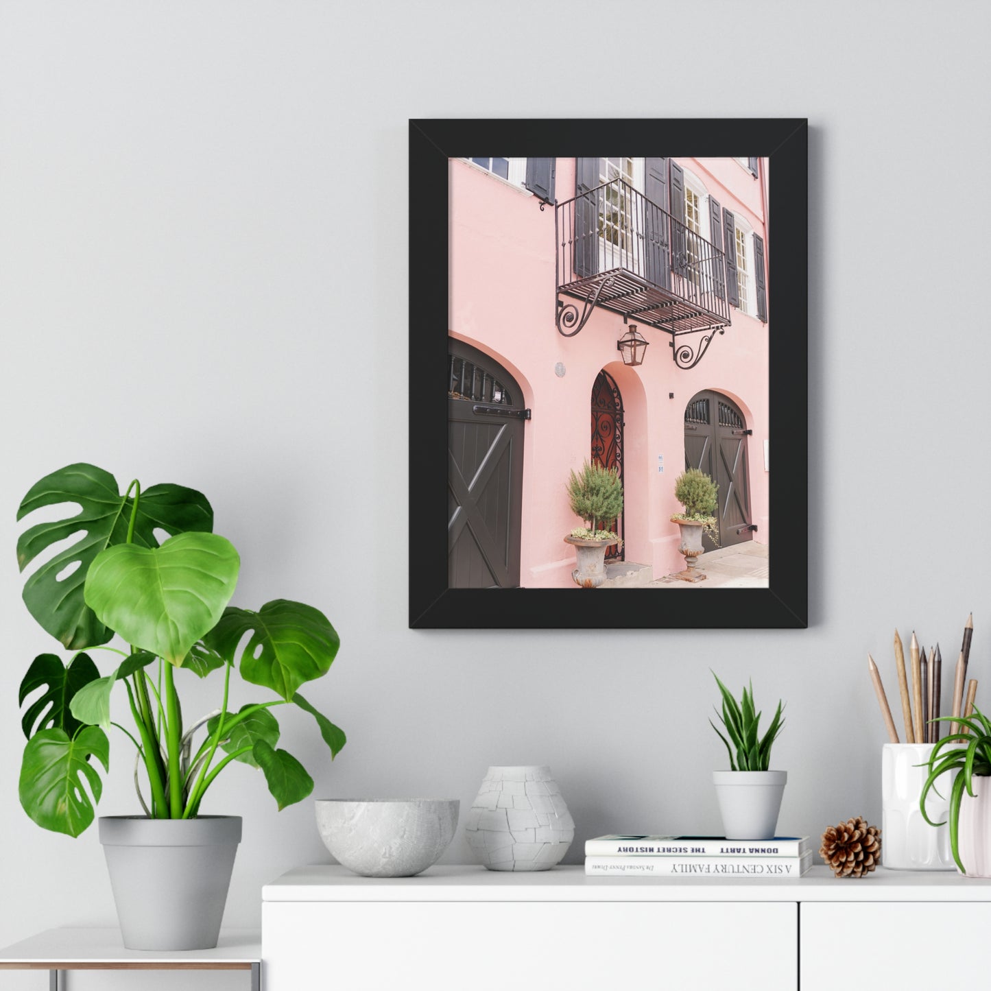 Charleston's Rainbow Row in Pink - Framed Print