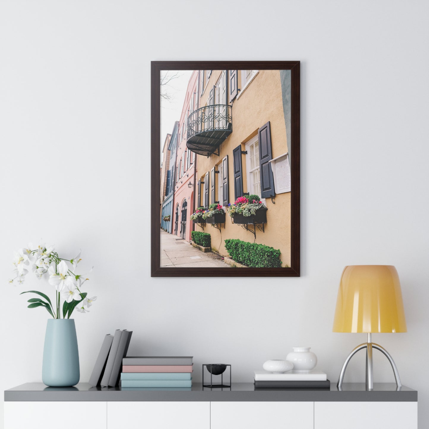 Charleston's Rainbow Row in Yellow - Framed Print