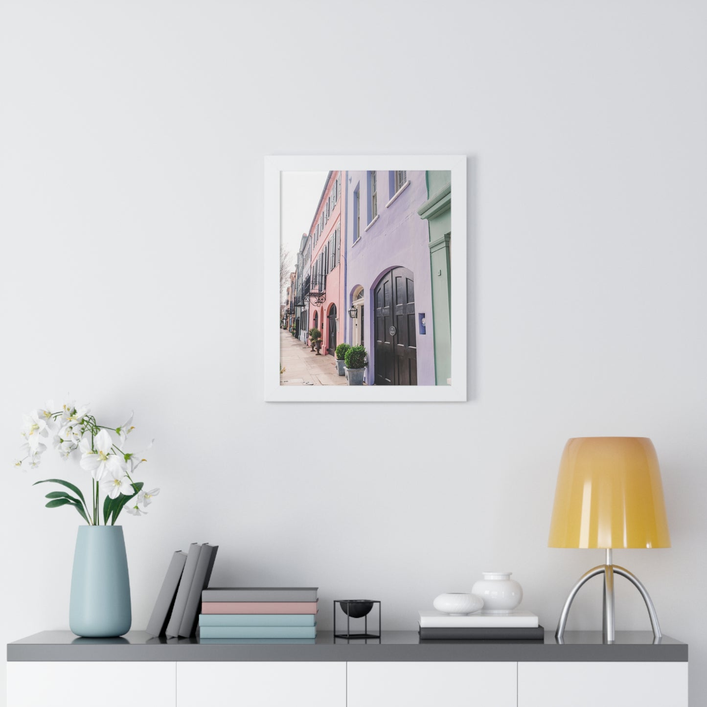 Charleston's Rainbow Row in Purple - Framed Print