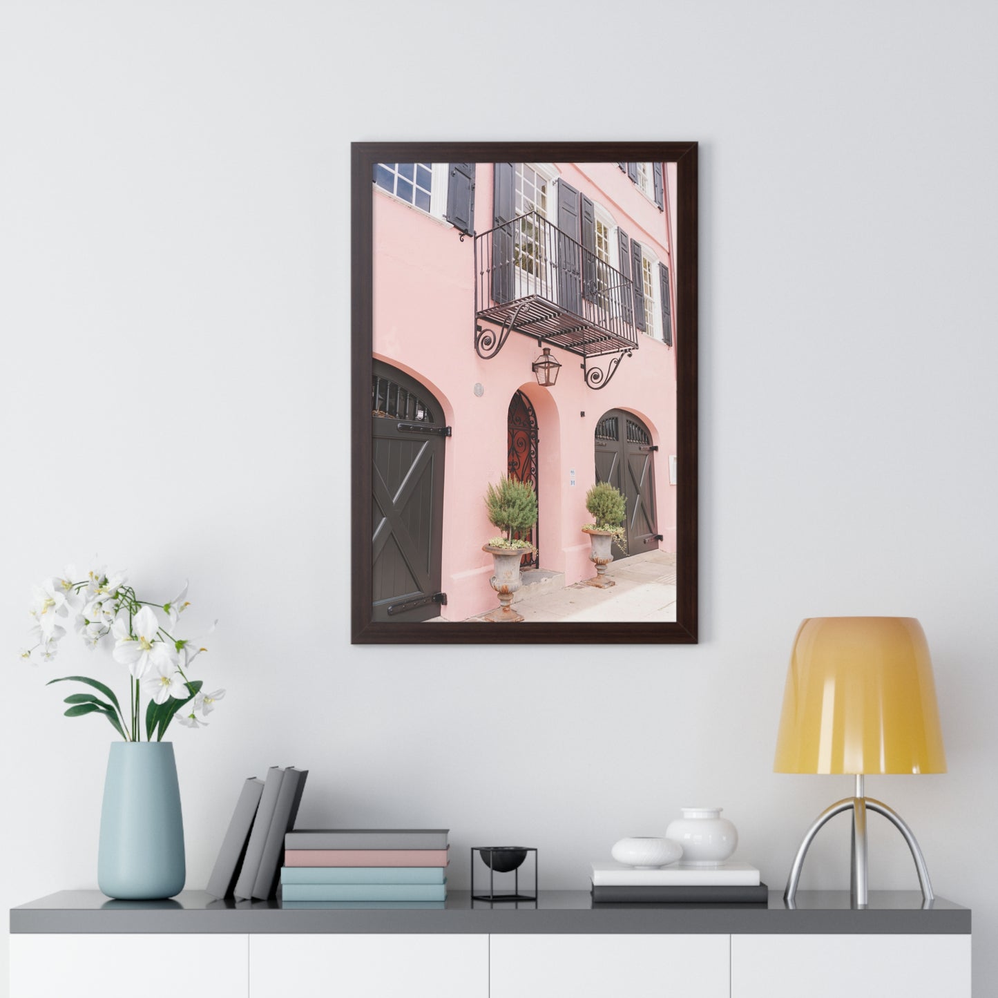 Charleston's Rainbow Row in Pink - Framed Print