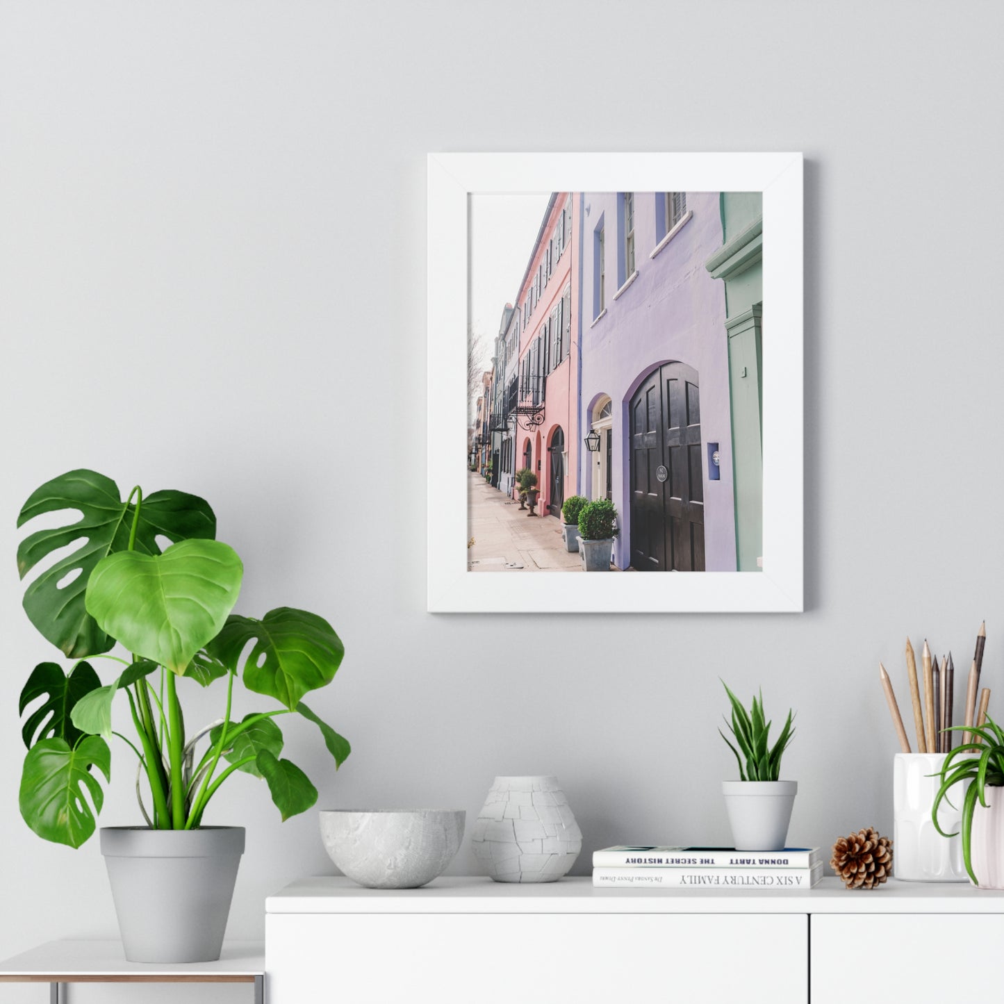 Charleston's Rainbow Row in Purple - Framed Print