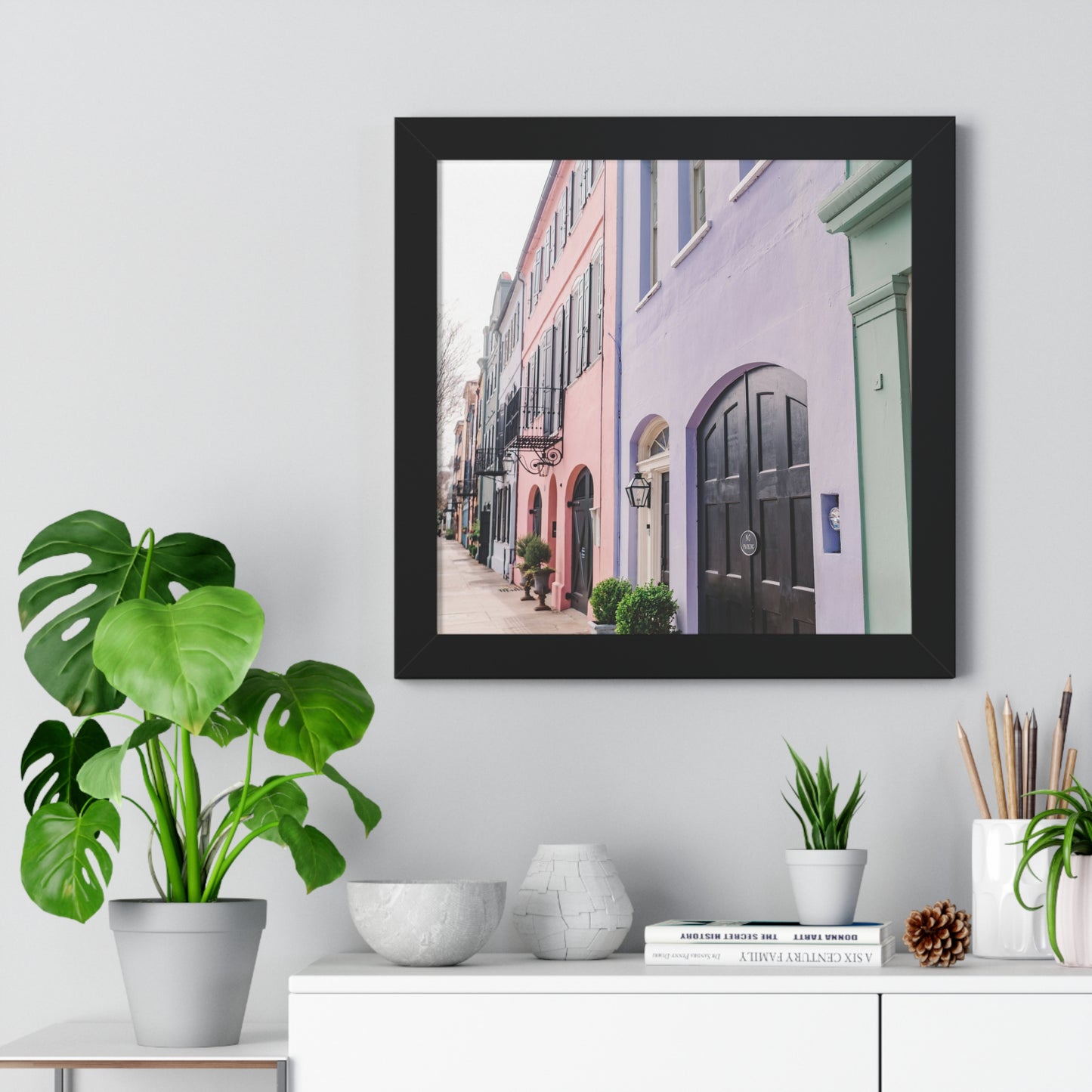 Charleston's Rainbow Row in Purple - Framed Print