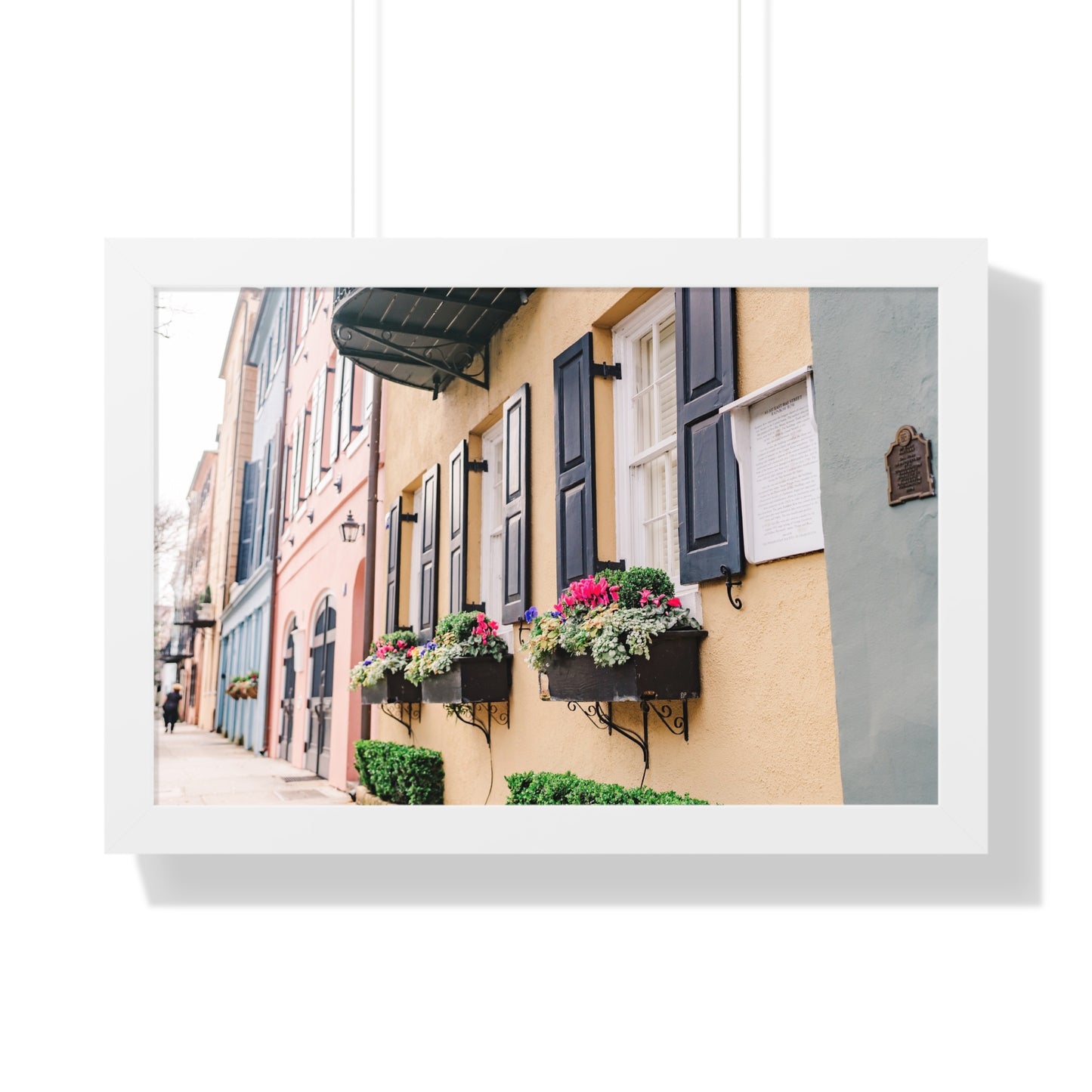 Charleston's Rainbow Row Featuring Yellow Lady - Framed Print