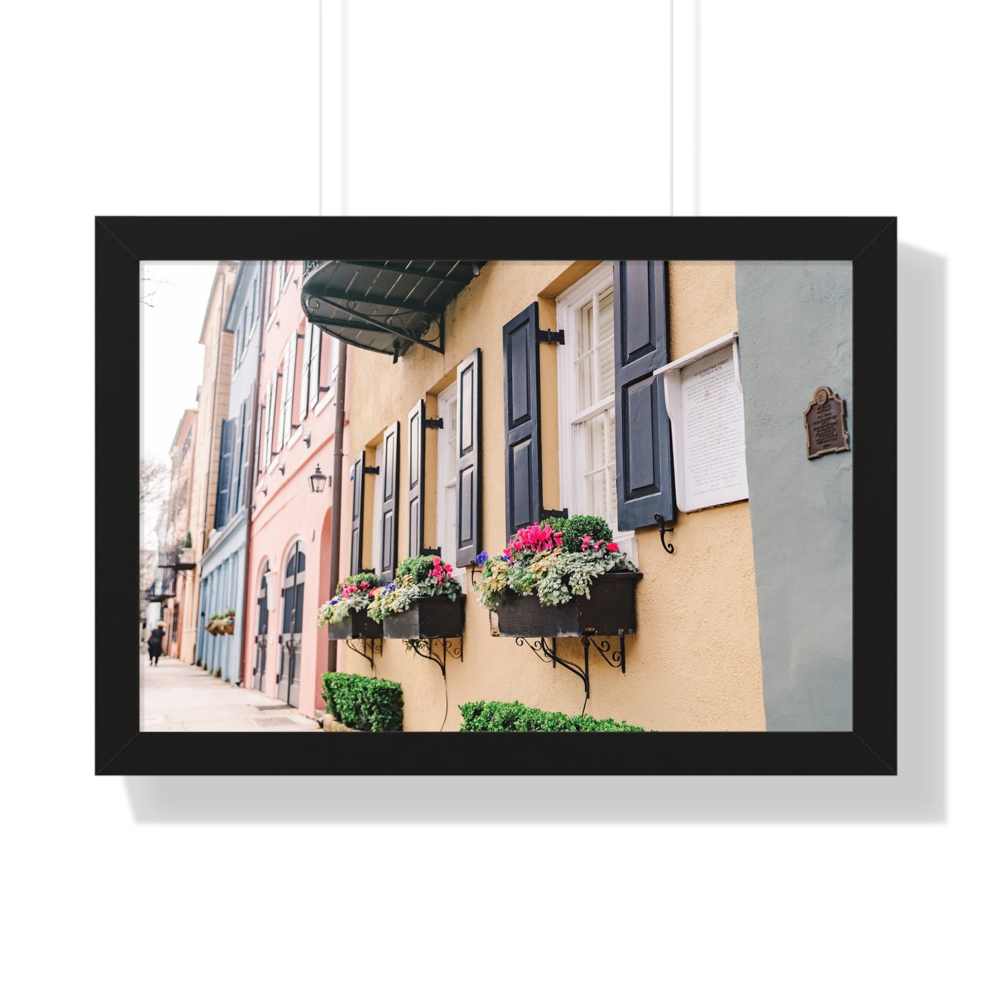 Charleston's Rainbow Row Featuring Yellow Lady - Framed Print