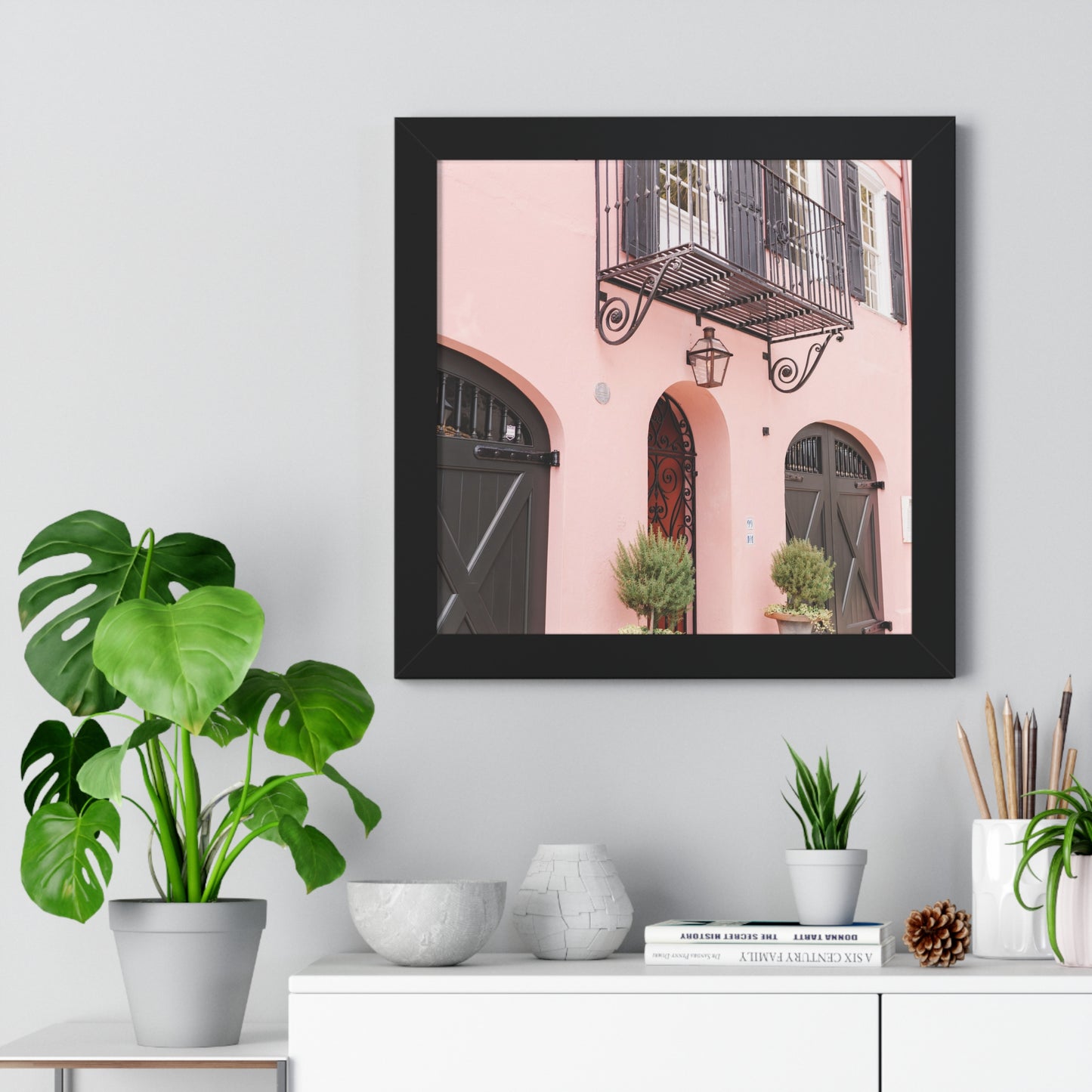 Charleston's Rainbow Row in Pink - Framed Print