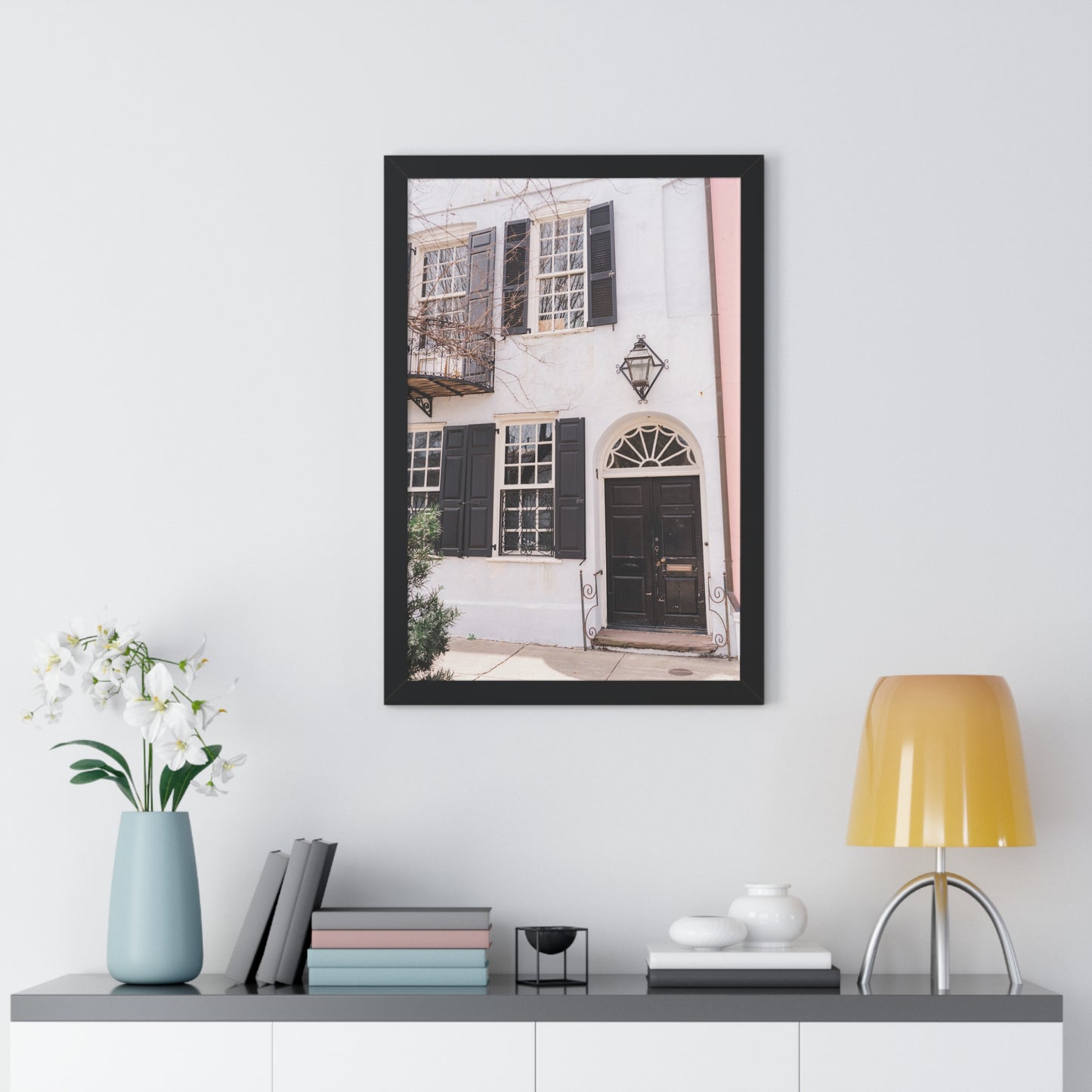 Charleston's Rainbow Row in Blue - Framed Print