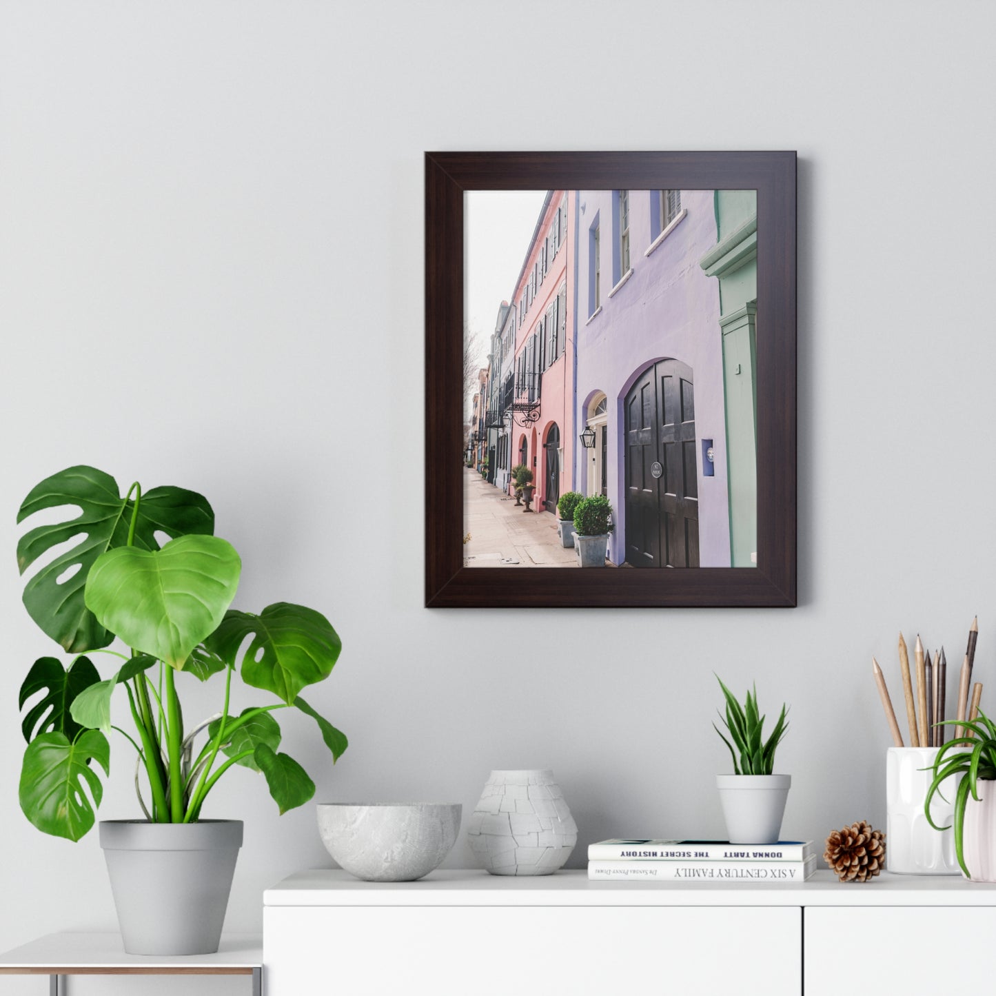 Charleston's Rainbow Row in Purple - Framed Print