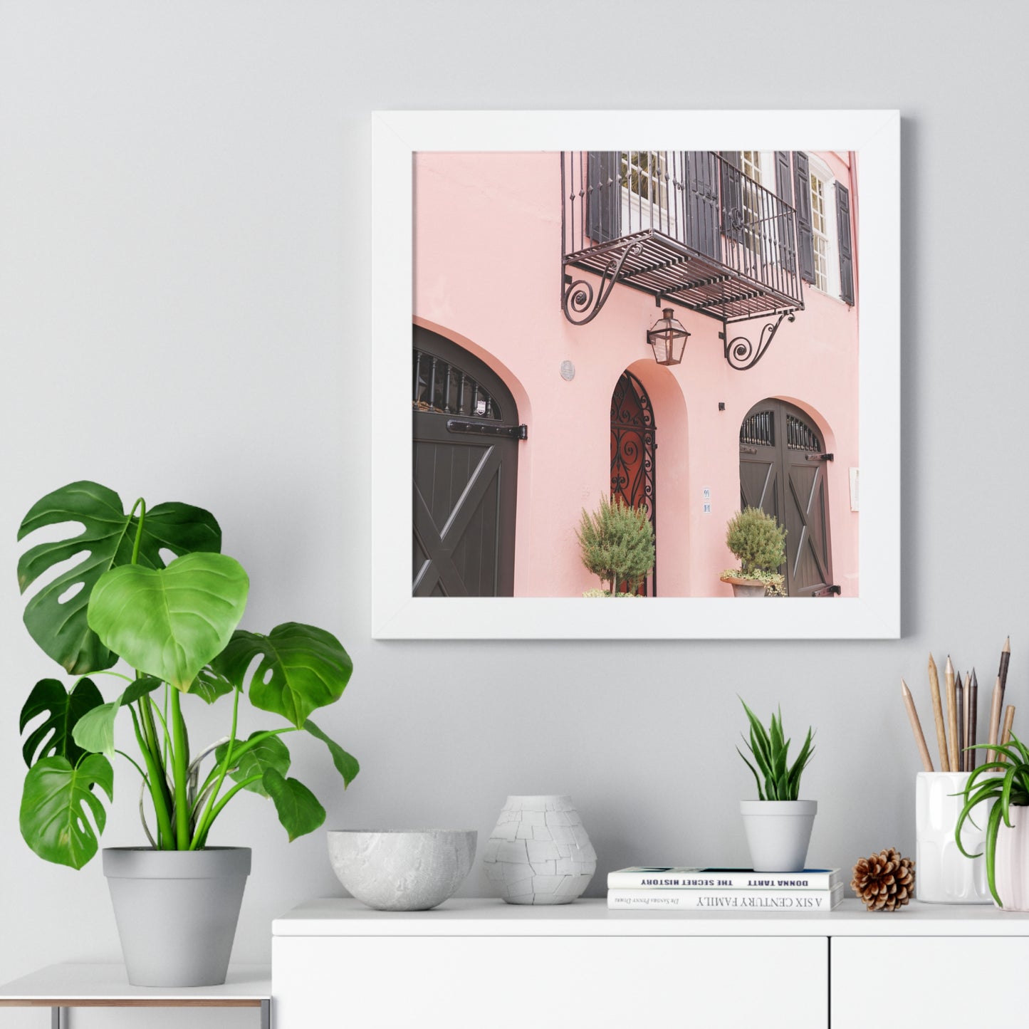 Charleston's Rainbow Row in Pink - Framed Print