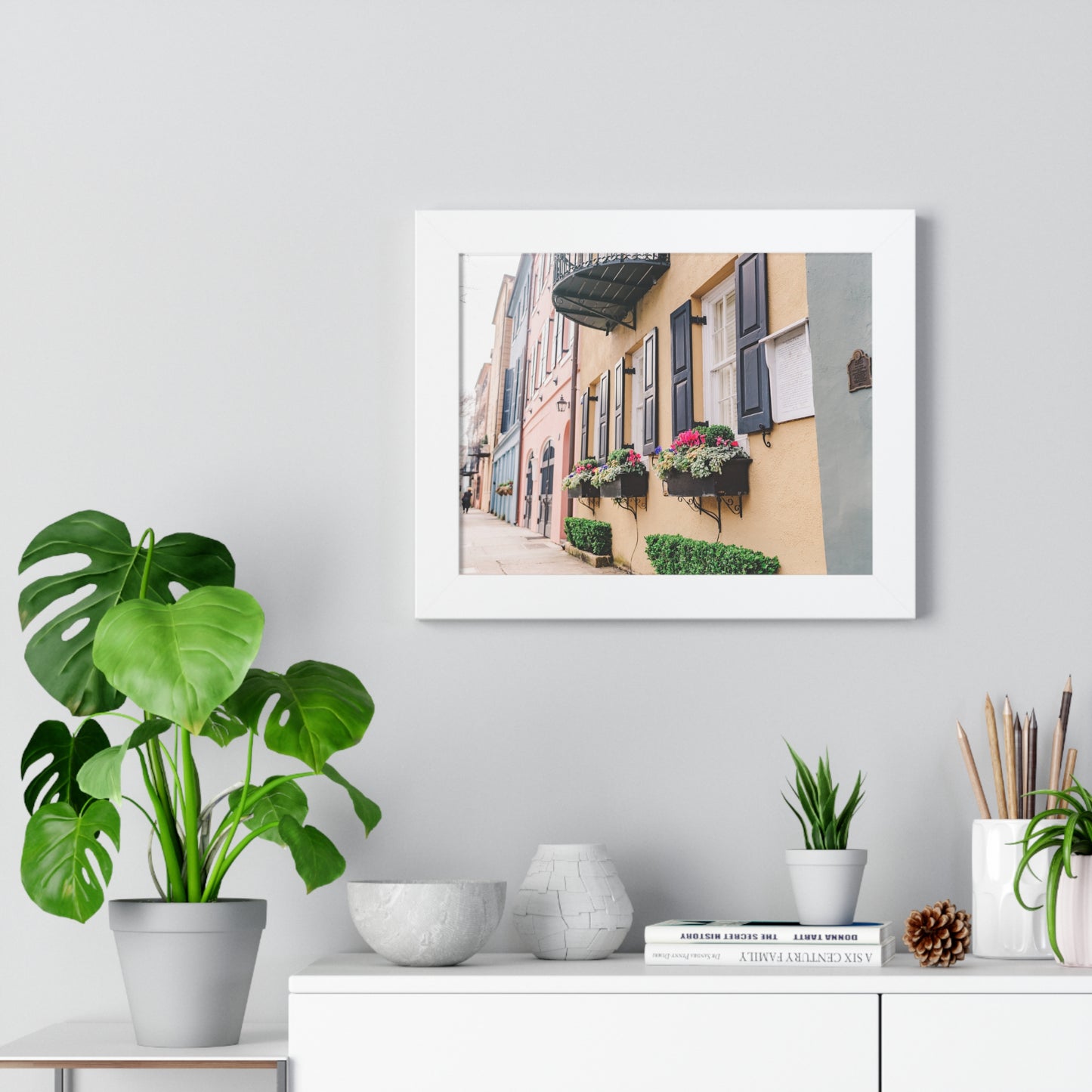 Charleston's Rainbow Row Featuring Yellow Lady - Framed Print