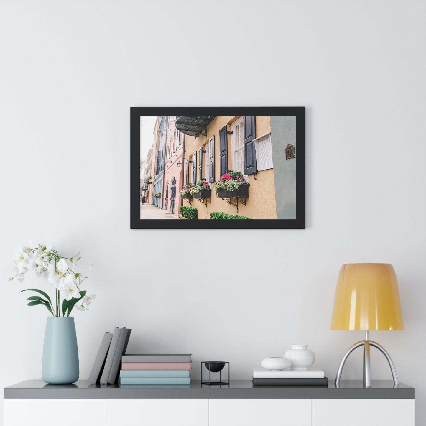 Charleston's Rainbow Row Featuring Yellow Lady - Framed Print