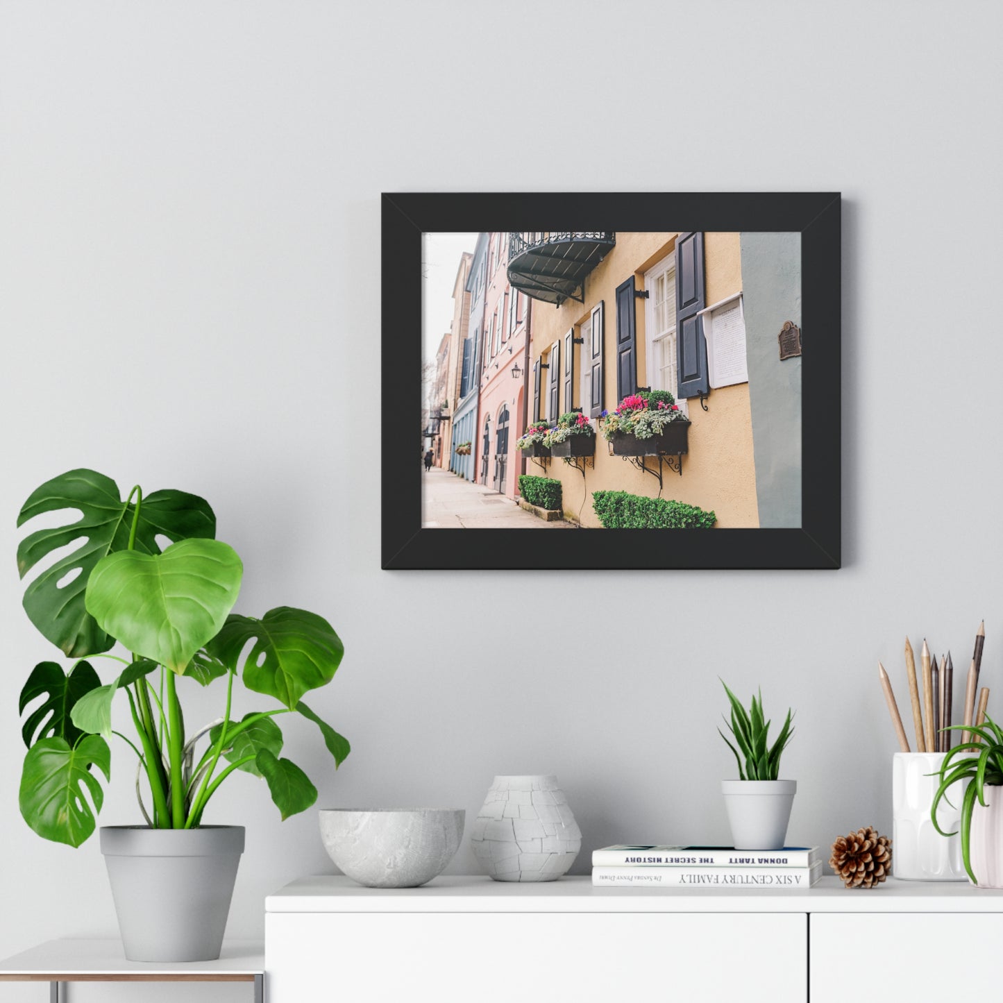 Charleston's Rainbow Row Featuring Yellow Lady - Framed Print