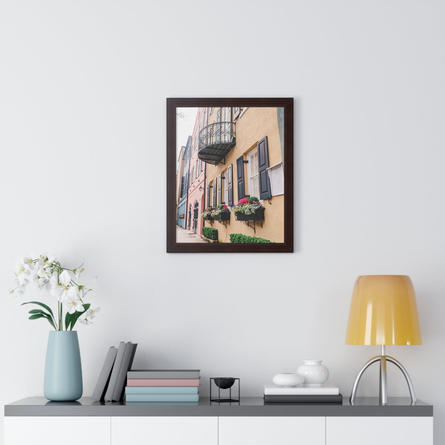 Charleston's Rainbow Row in Yellow - Framed Print