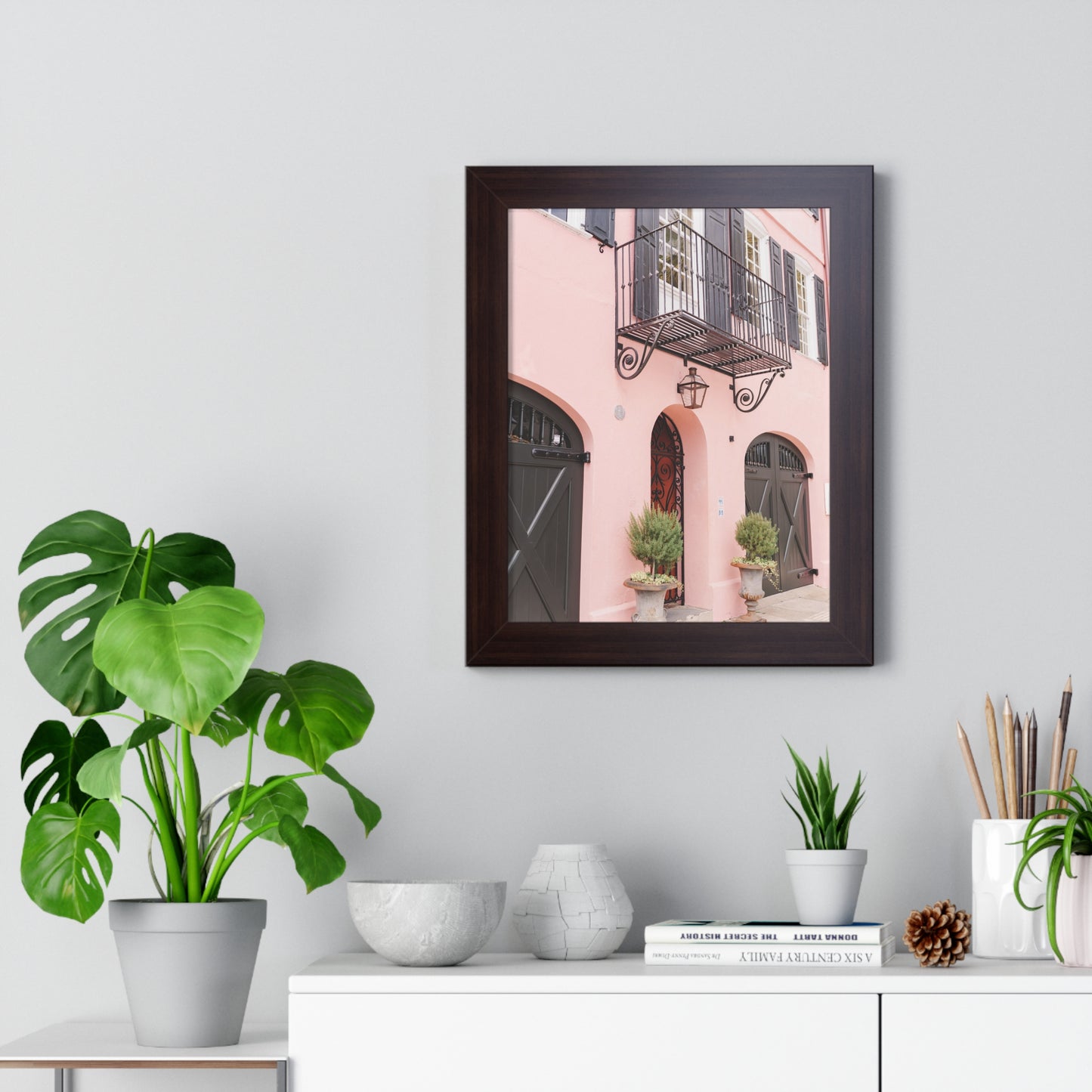 Charleston's Rainbow Row in Pink - Framed Print