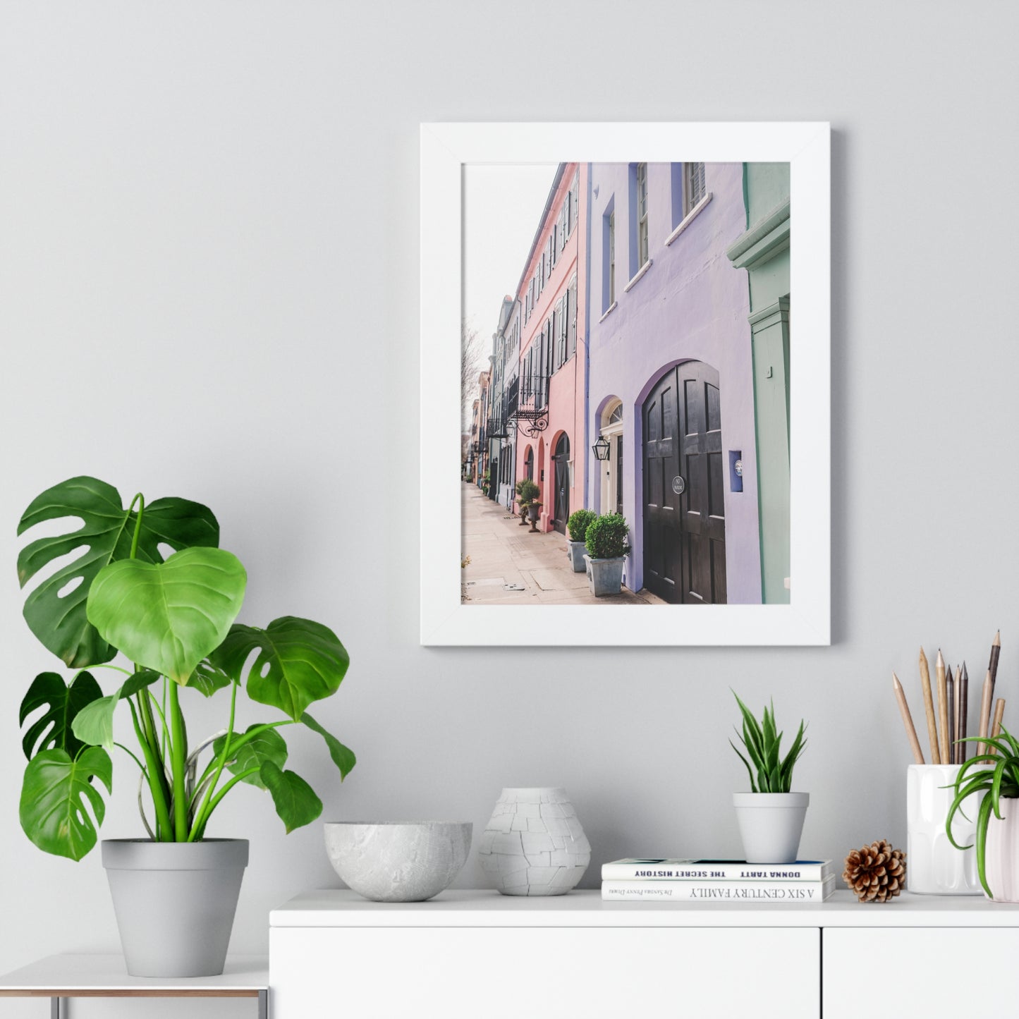 Charleston's Rainbow Row in Purple - Framed Print