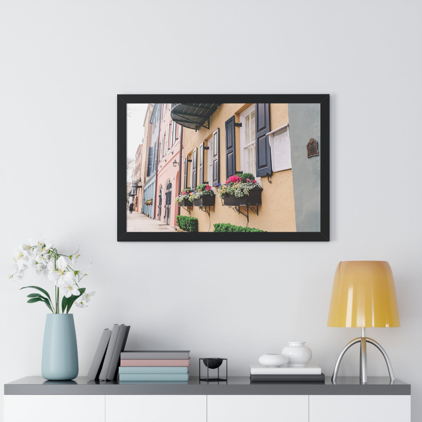 Charleston's Rainbow Row Featuring Yellow Lady - Framed Print