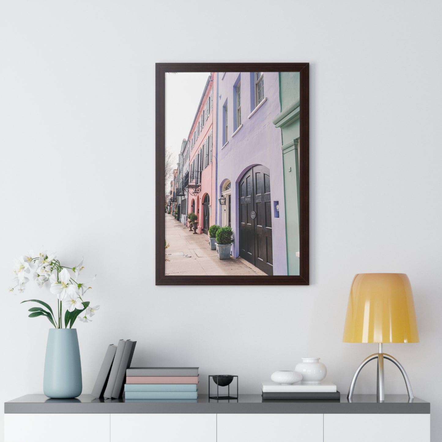 Charleston's Rainbow Row in Purple - Framed Print