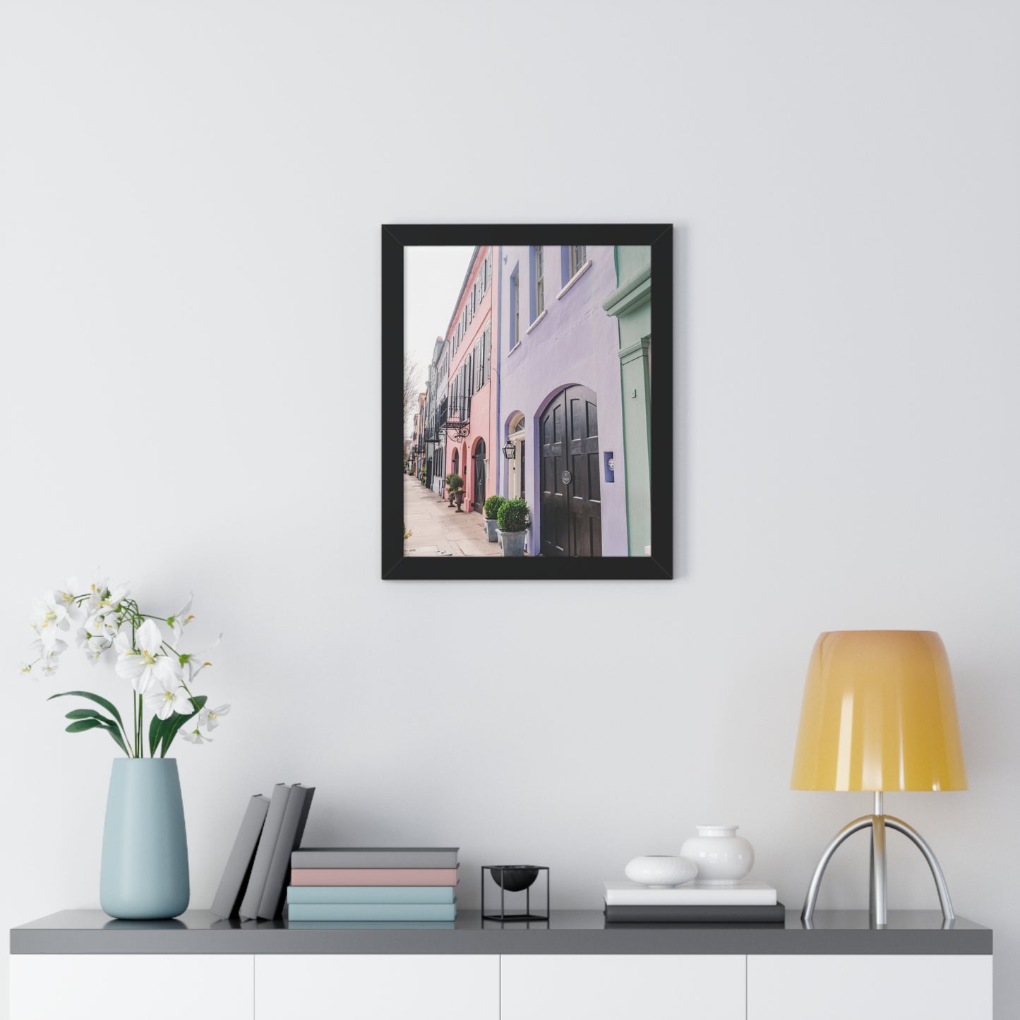 Charleston's Rainbow Row in Purple - Framed Print