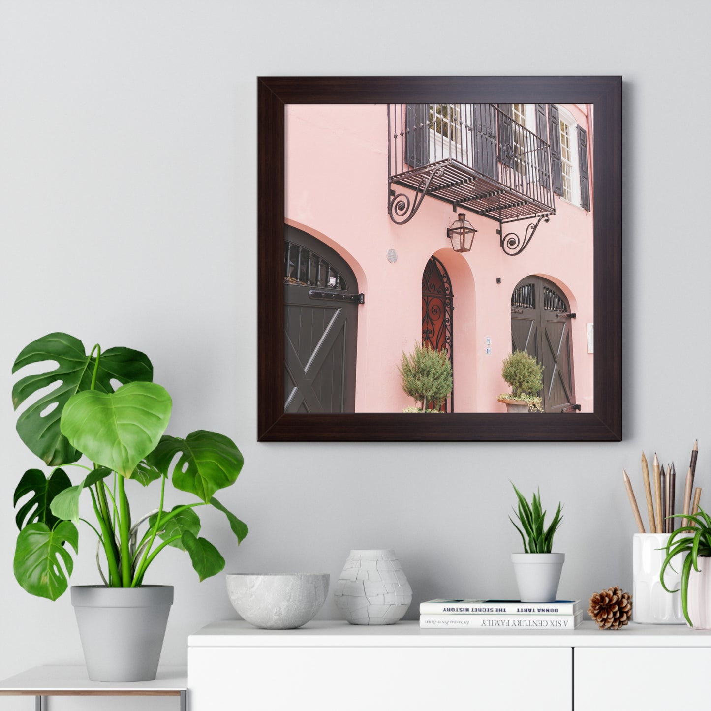 Charleston's Rainbow Row in Pink - Framed Print