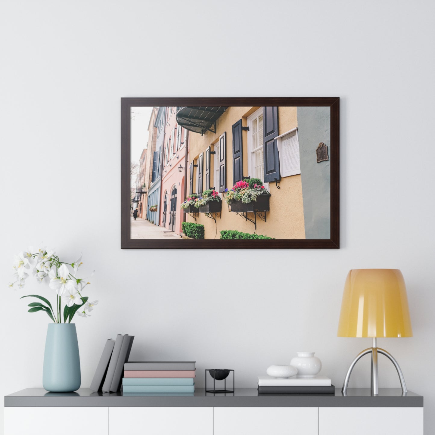 Charleston's Rainbow Row Featuring Yellow Lady - Framed Print