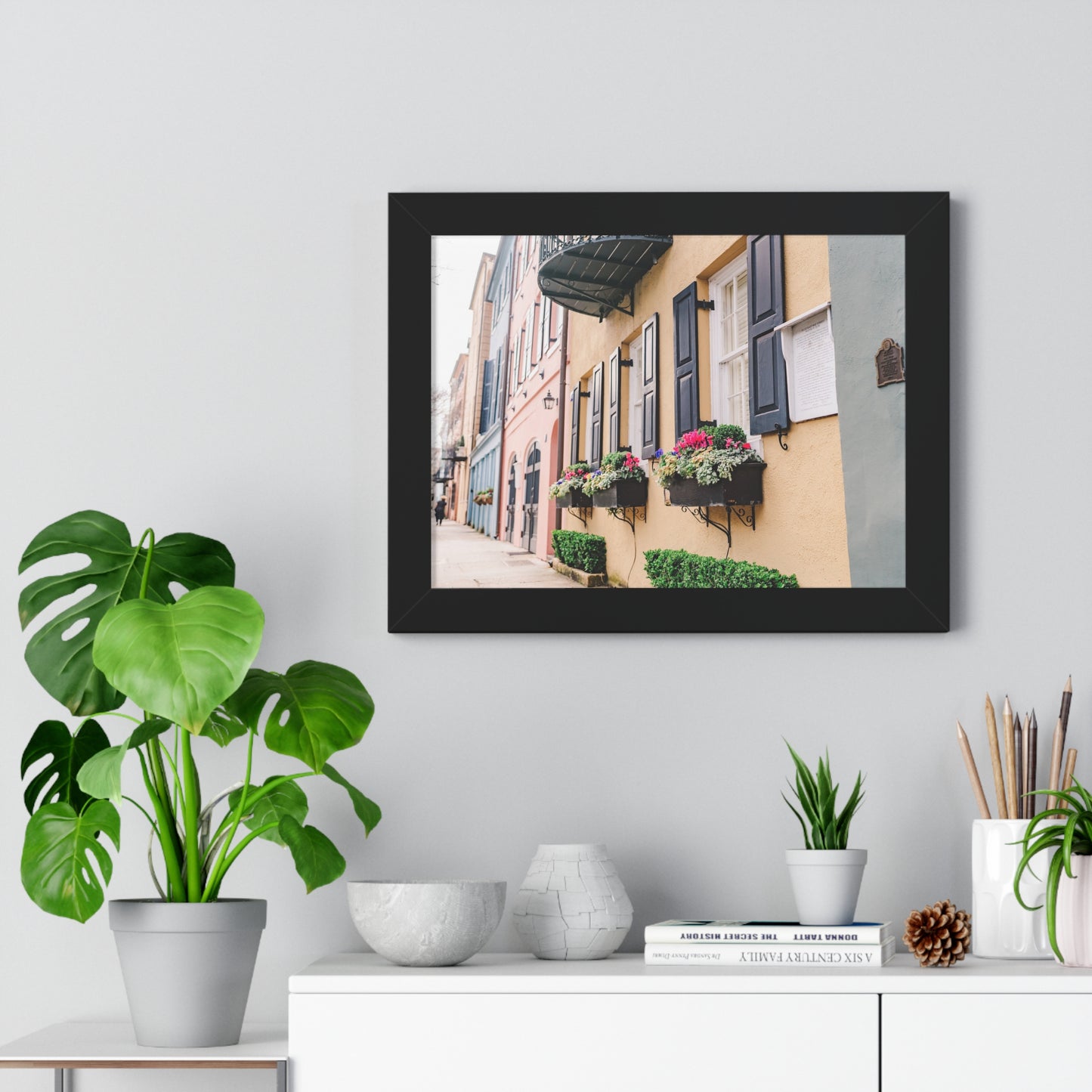 Charleston's Rainbow Row Featuring Yellow Lady - Framed Print