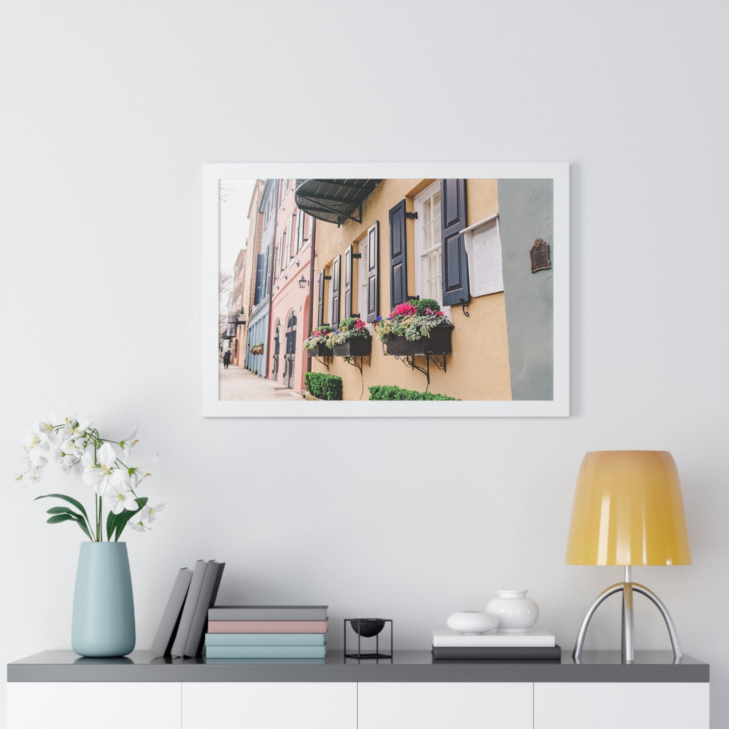 Charleston's Rainbow Row Featuring Yellow Lady - Framed Print