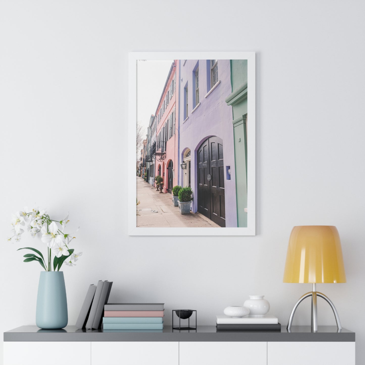 Charleston's Rainbow Row in Purple - Framed Print