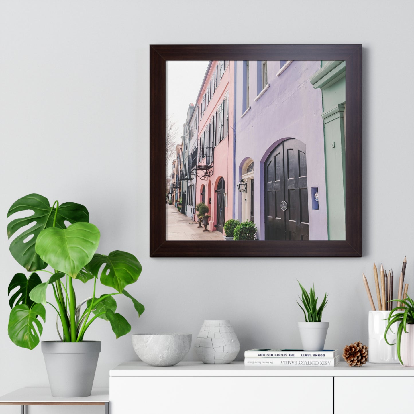 Charleston's Rainbow Row in Purple - Framed Print