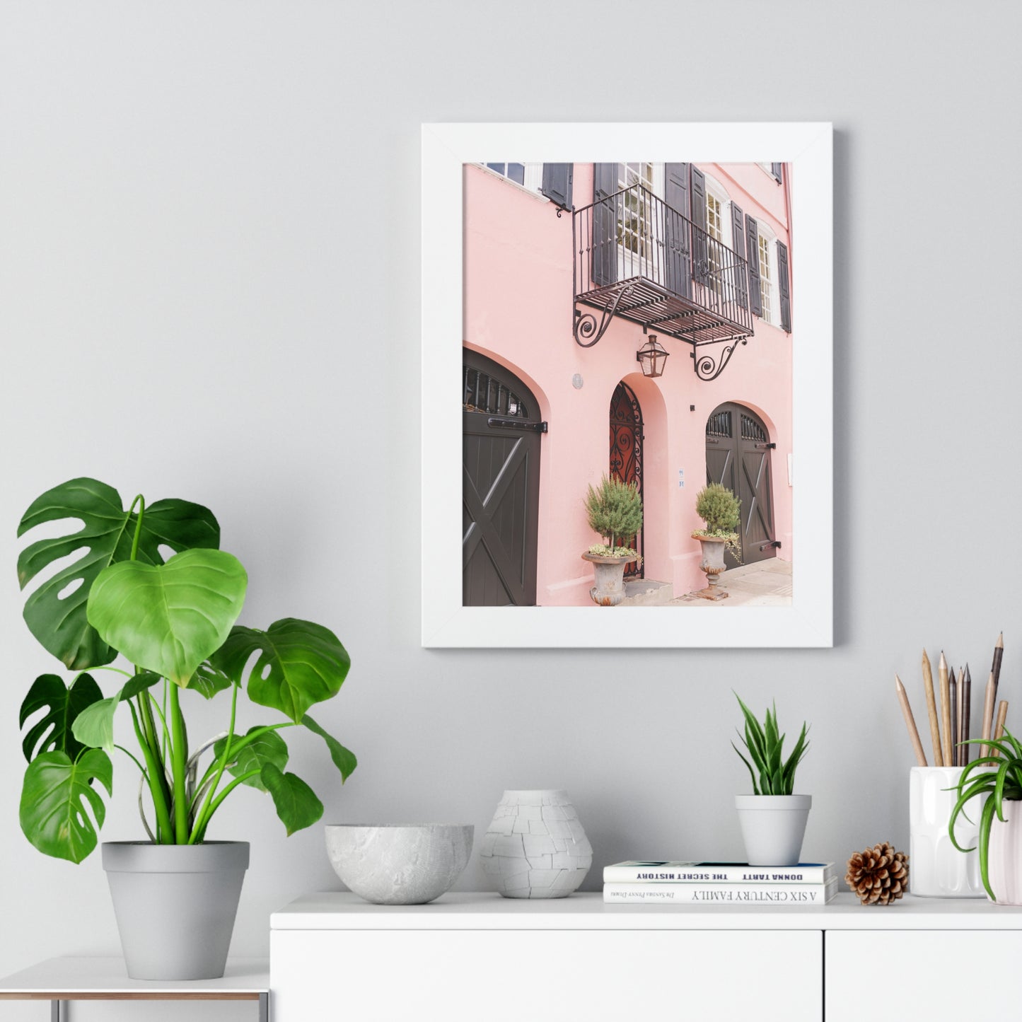 Charleston's Rainbow Row in Pink - Framed Print