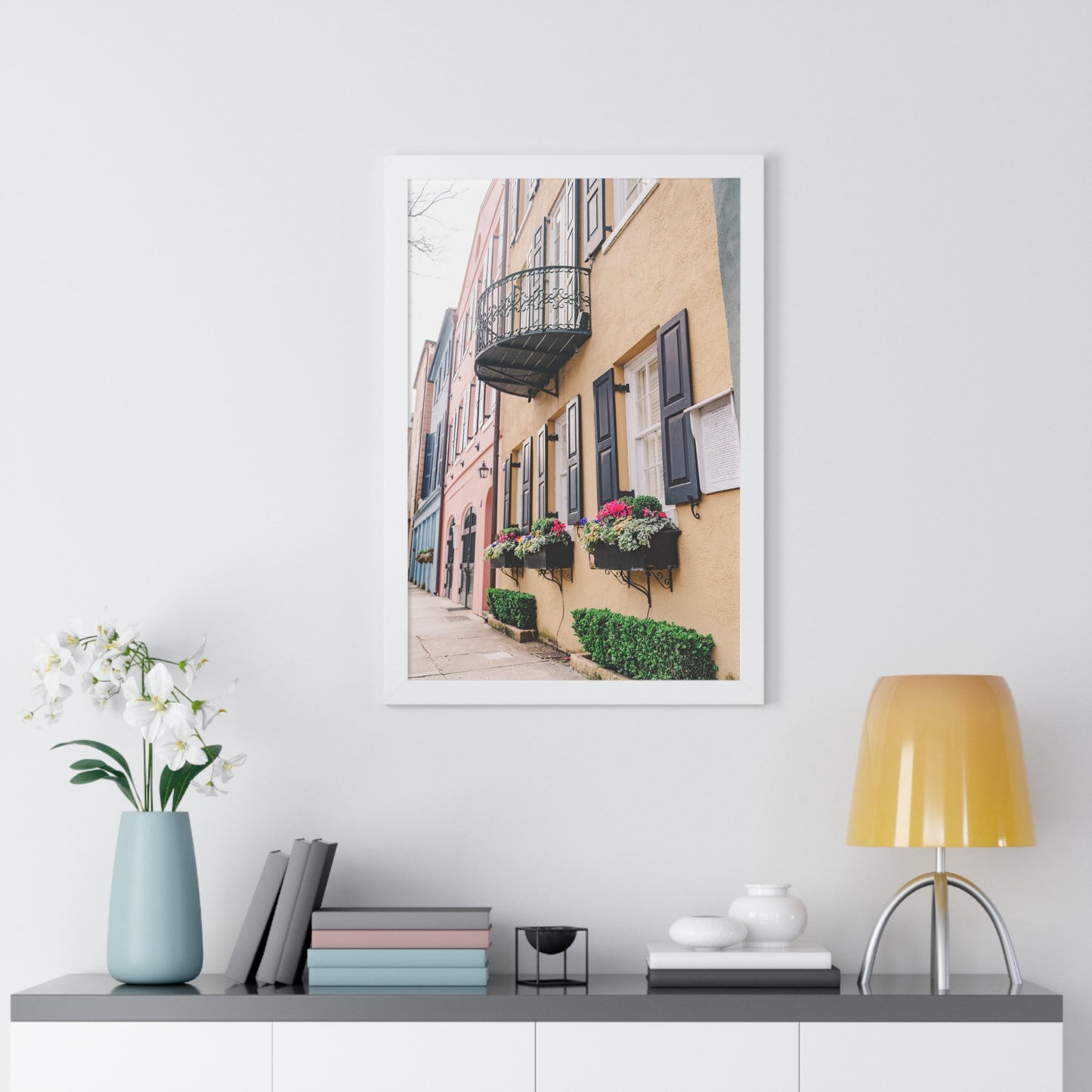 Charleston's Rainbow Row in Yellow - Framed Print