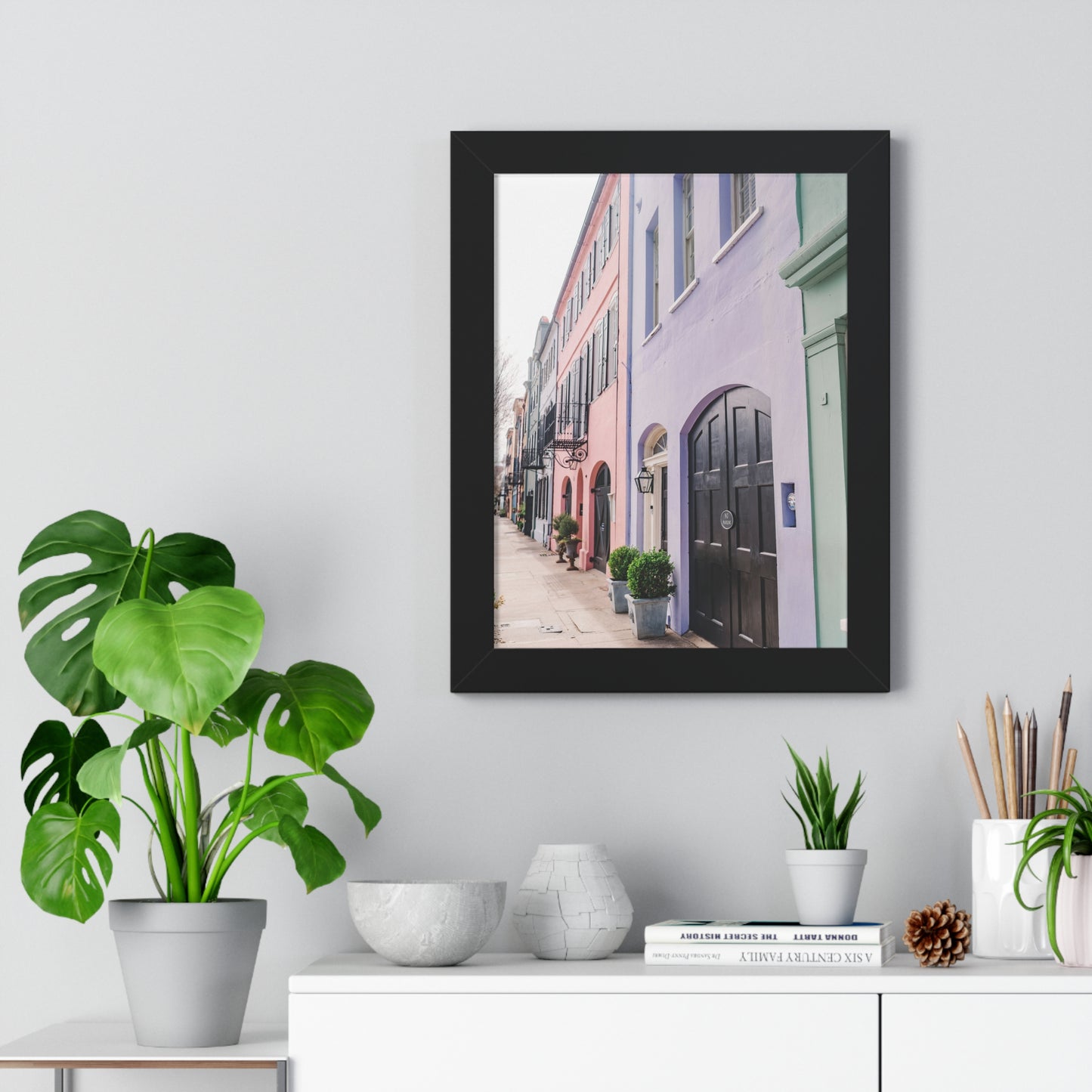 Charleston's Rainbow Row in Purple - Framed Print