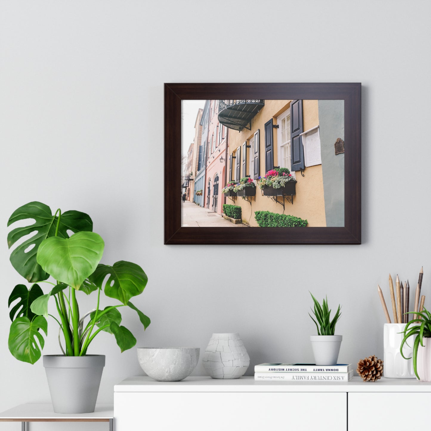 Charleston's Rainbow Row Featuring Yellow Lady - Framed Print