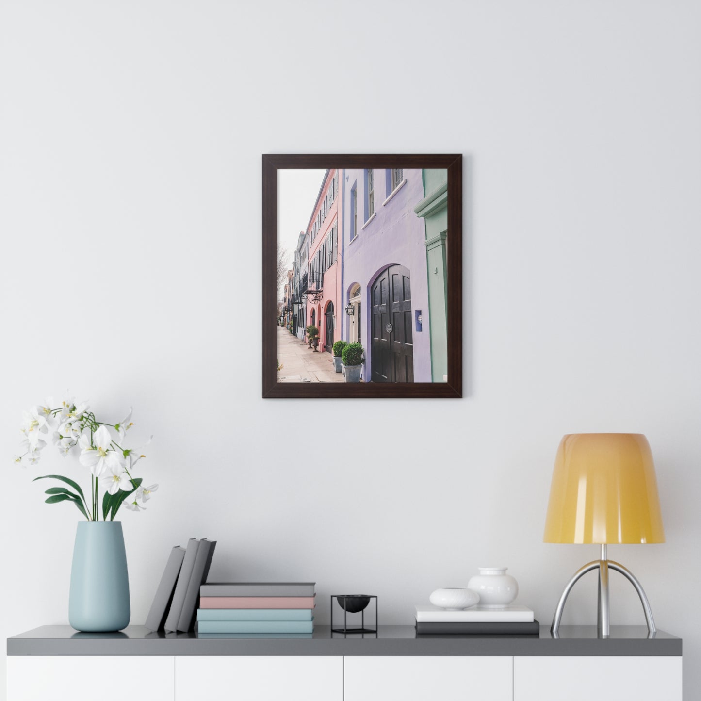 Charleston's Rainbow Row in Purple - Framed Print