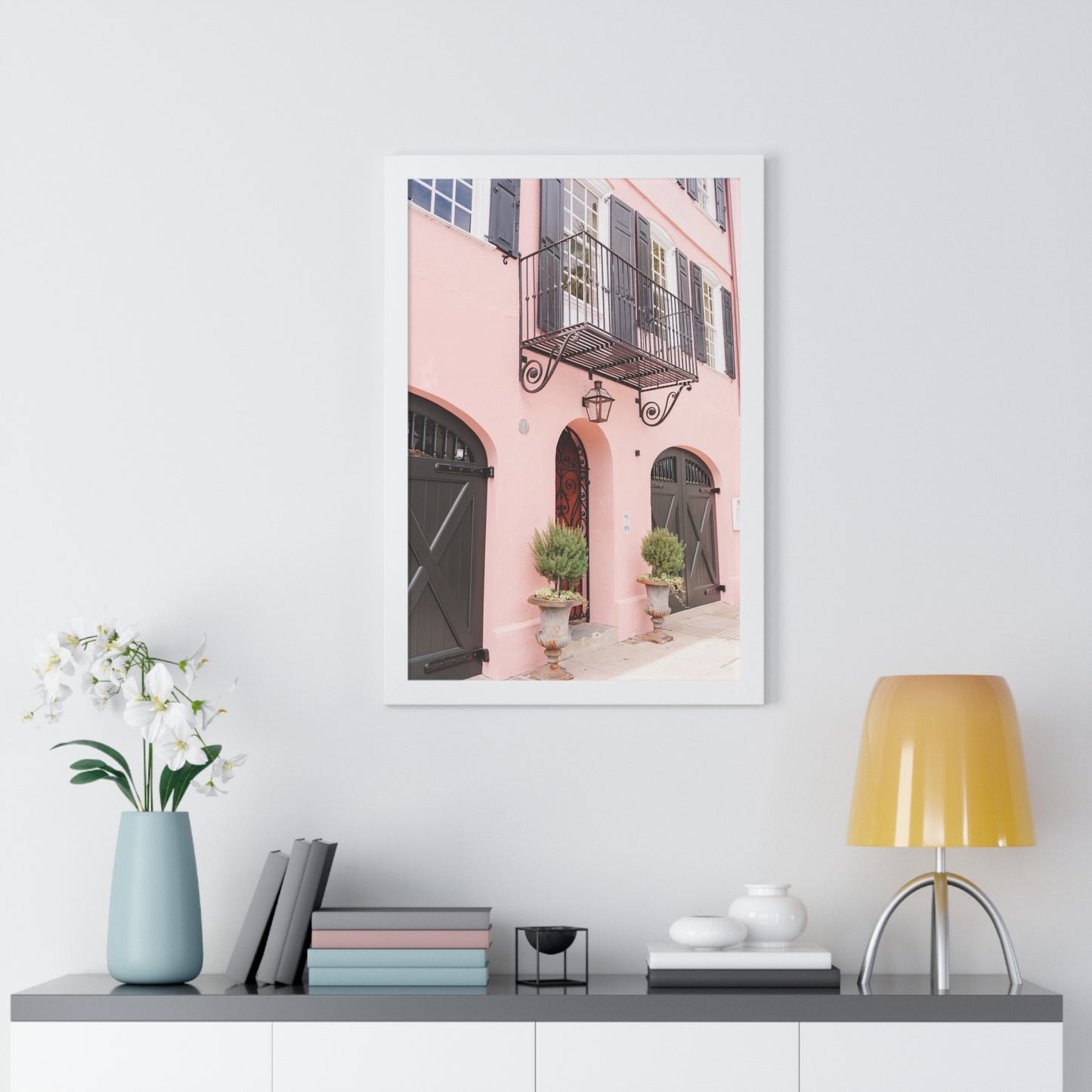 Charleston's Rainbow Row in Pink - Framed Print