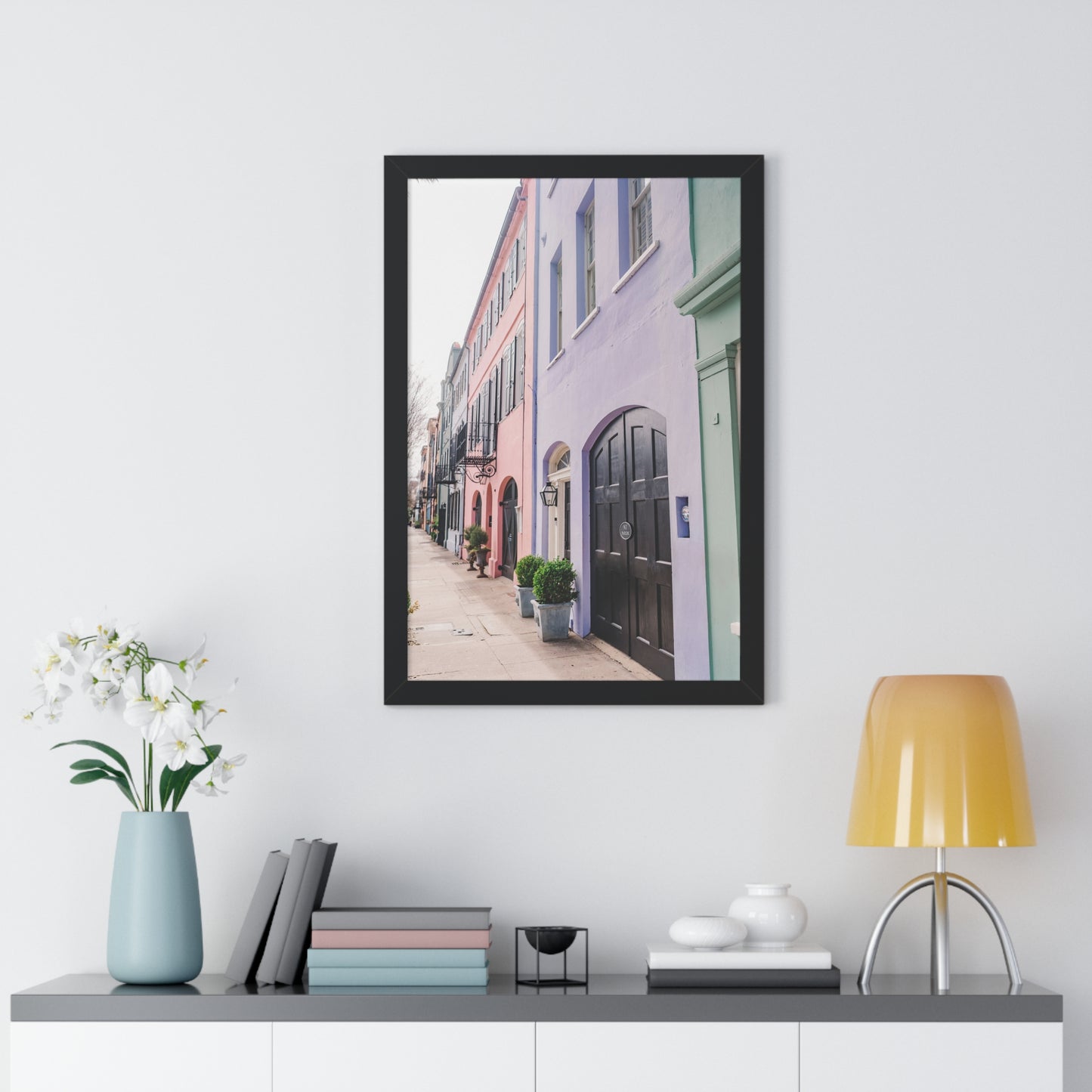 Charleston's Rainbow Row in Purple - Framed Print