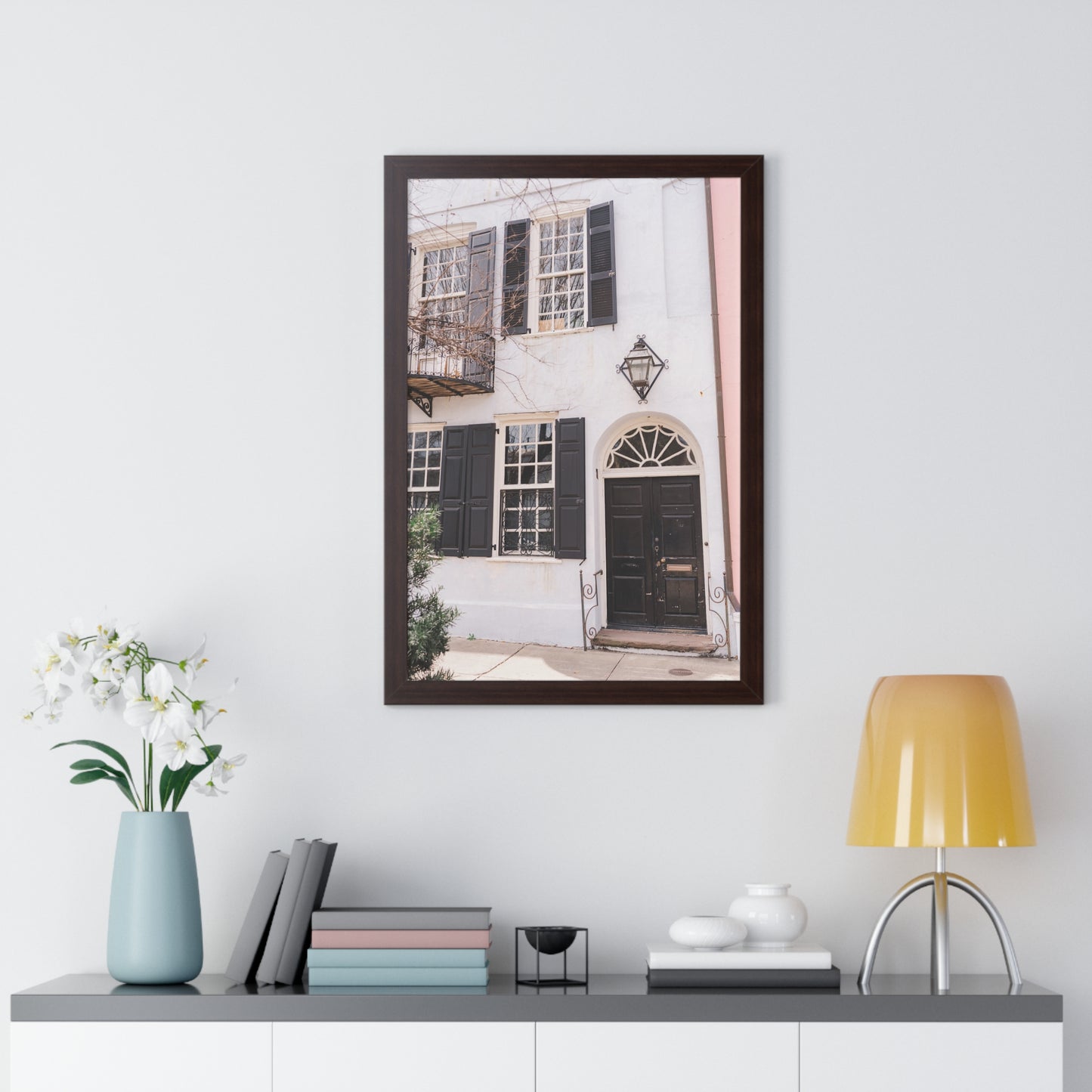 Charleston's Rainbow Row in Blue - Framed Print