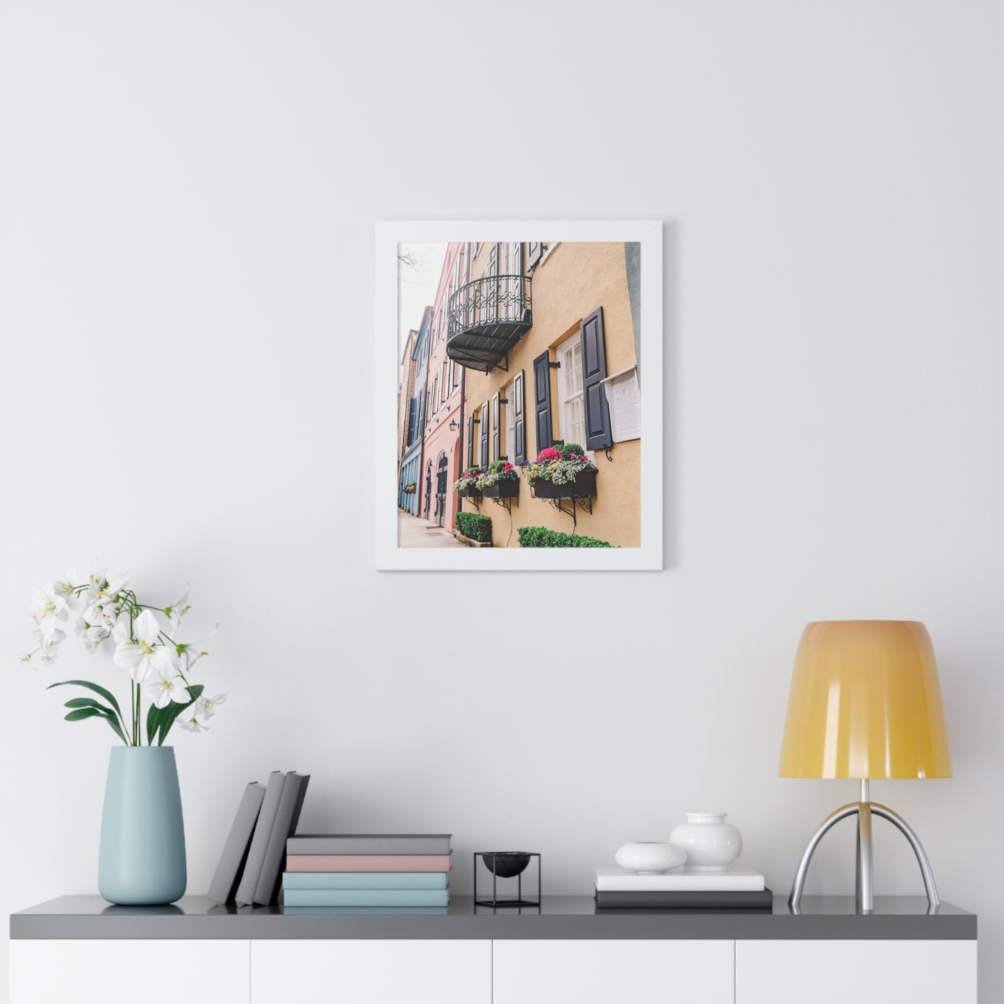 Charleston's Rainbow Row in Yellow - Framed Print