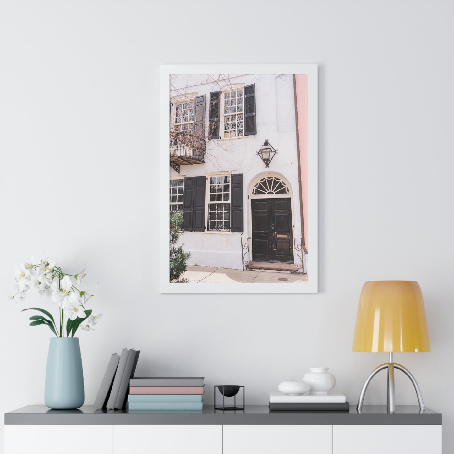 Charleston's Rainbow Row in Blue - Framed Print