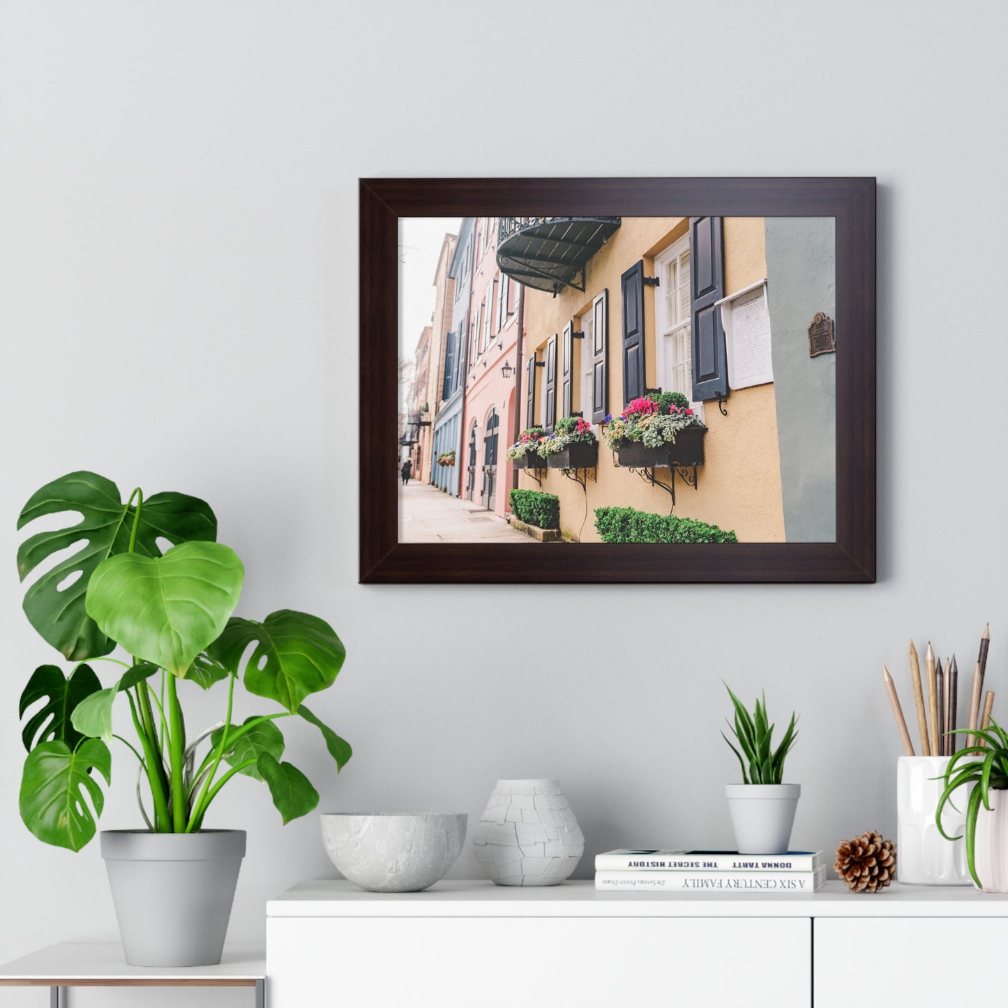 Charleston's Rainbow Row Featuring Yellow Lady - Framed Print